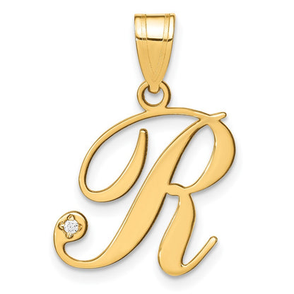 14k Yellow Gold Script Letter R Initial Pendant with Diamond for Women