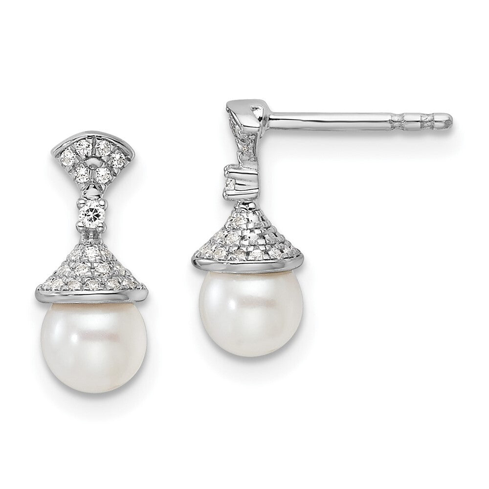14K White Gold Polished Diamond and Pearl Drop Stud Earrings