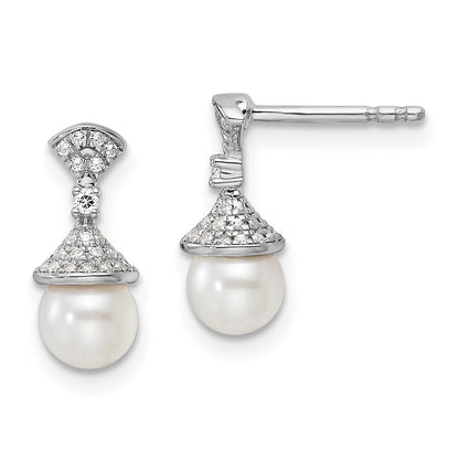 14K White Gold Polished Diamond and Pearl Drop Stud Earrings