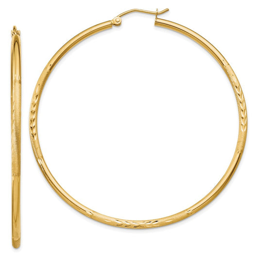 14k Yellow Gold Satin and Diamond-cut 2mm Round Tube Hoop Earrings