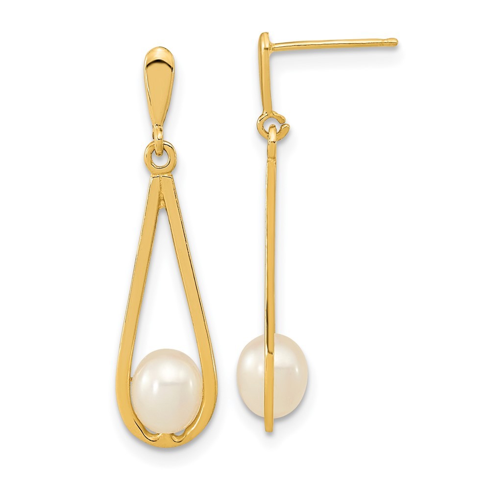 14k Yellow Gold 5-6mm White Rice Freshwater Cultured Pearl Dangle Earrings