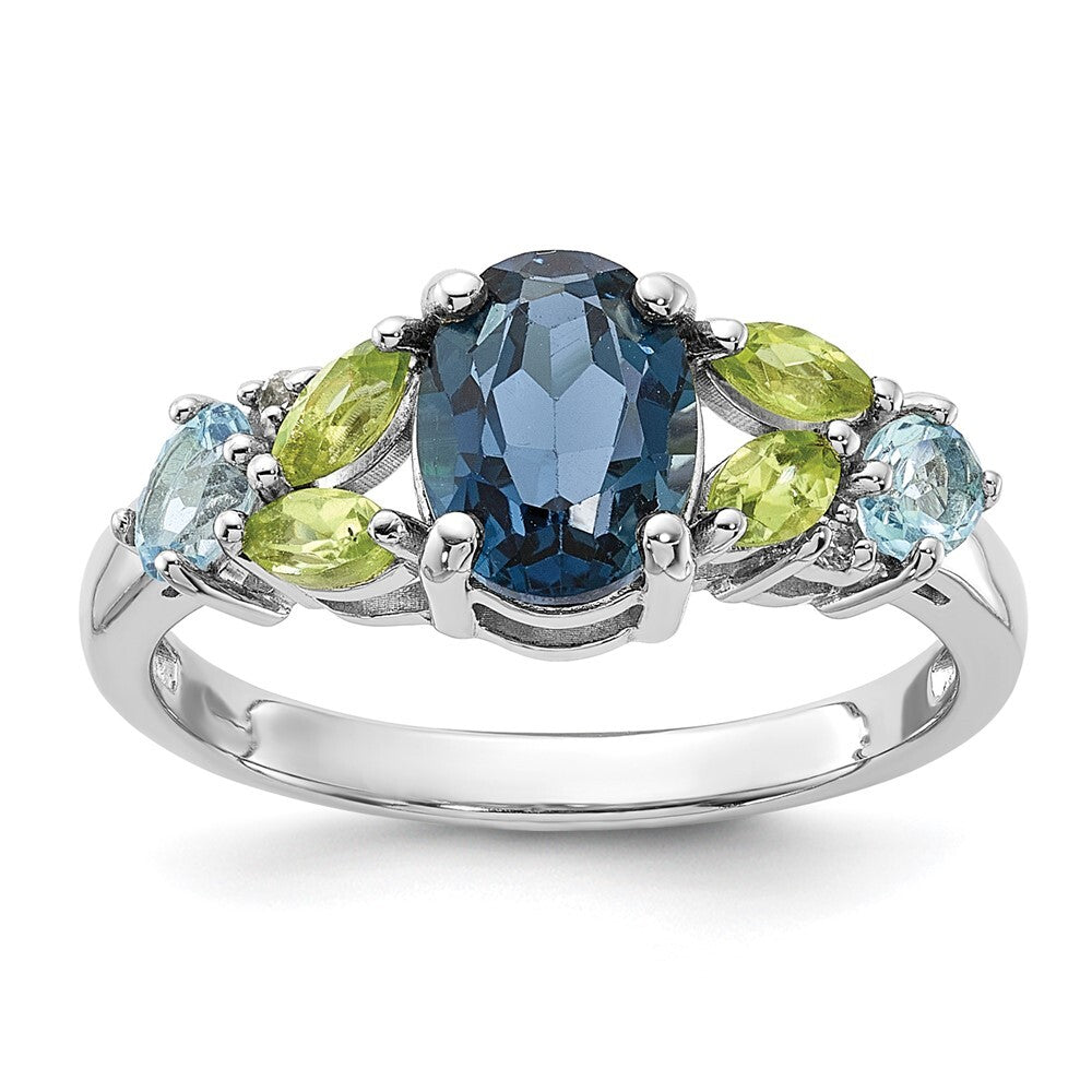 SS Rhodium London Lt.Swiss Blue/White Topaz and Peridot Ring Size 7