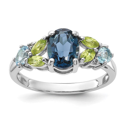 SS Rhodium London Lt.Swiss Blue/White Topaz and Peridot Ring Size 7