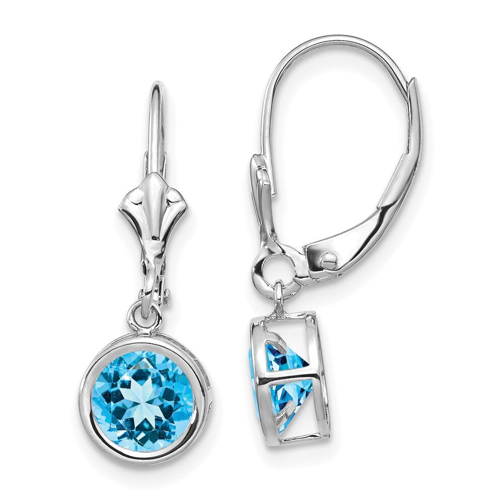 14k White Gold 6mm Blue Topaz Dangle Earrings Leverback Gift for Women