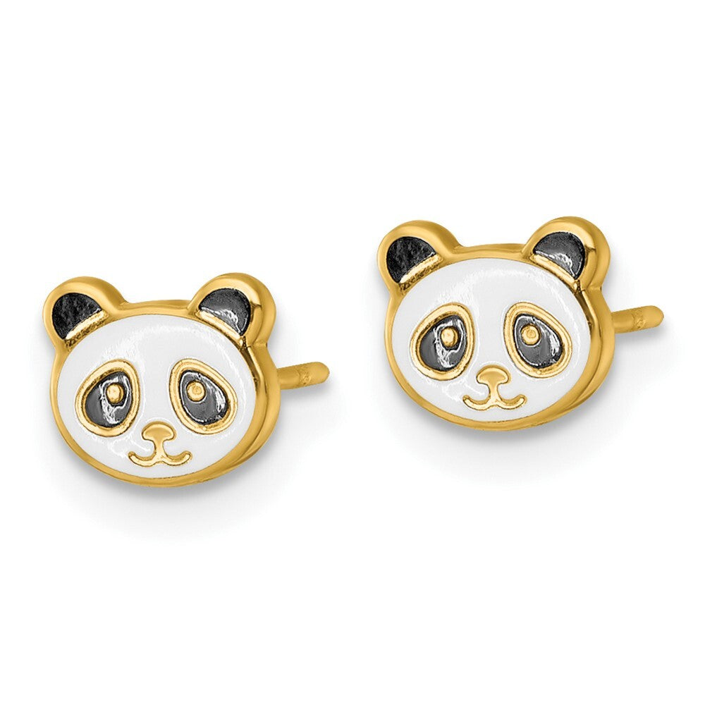 14k Yellow Gold Polished Black & White Enameled Panda Stud Earrings