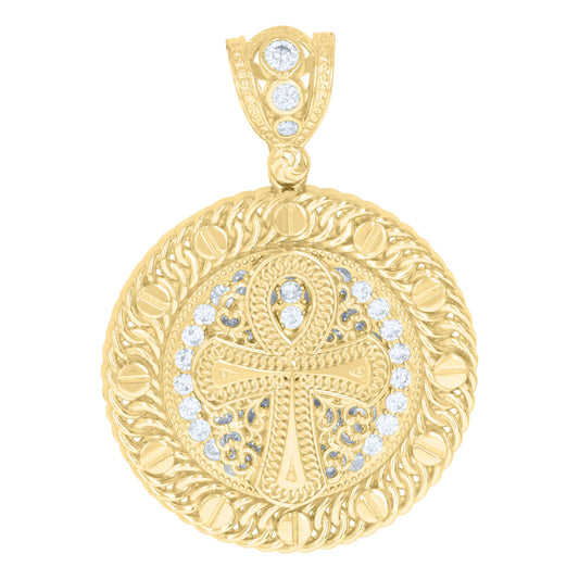 10k Yellow Gold Cubic-Zirconia Religious Ankh Cross Egyptian Medallion Pendant