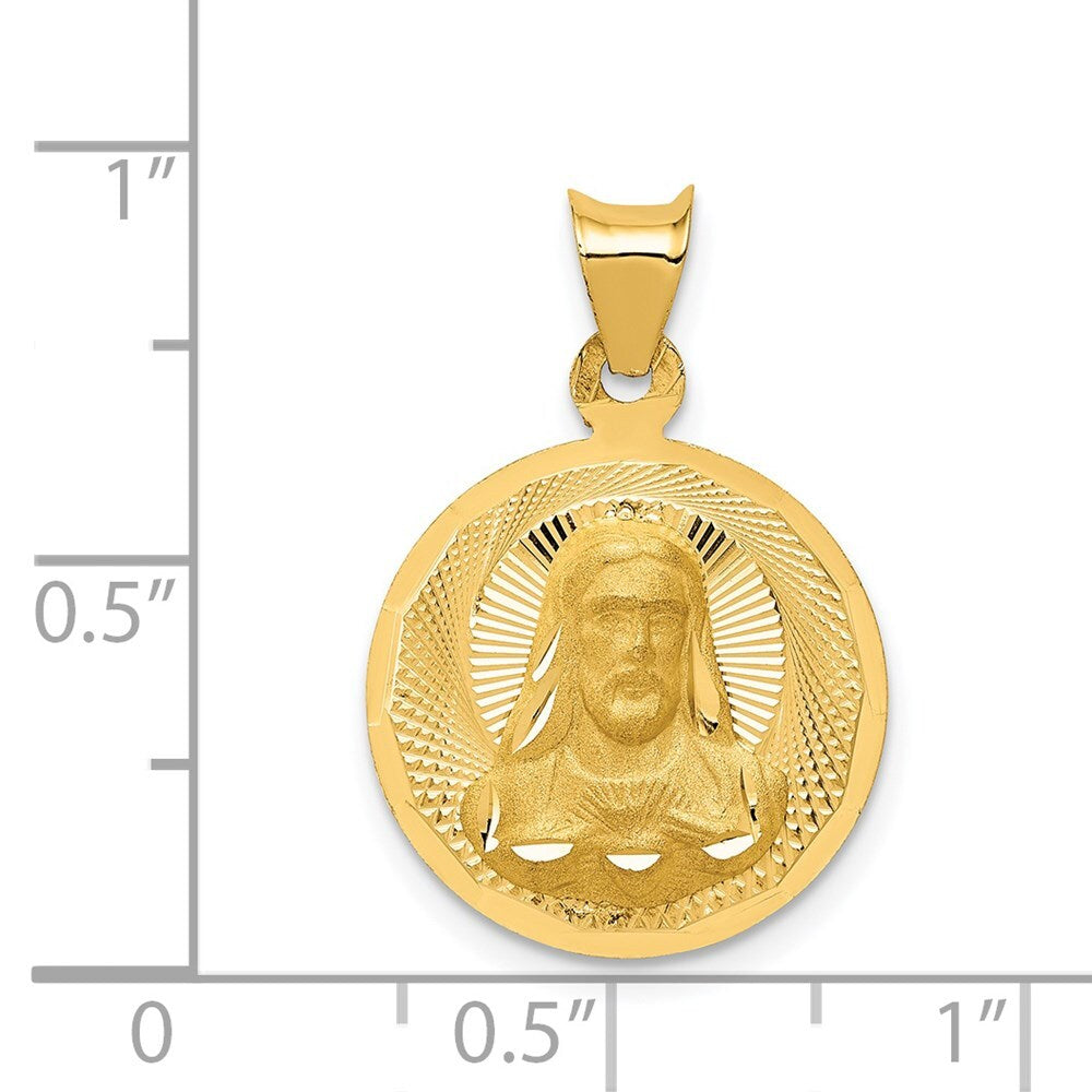 14k Yellow Gold Polished Diamond-Cut Sagrado Corazon Circle Pendant for Women