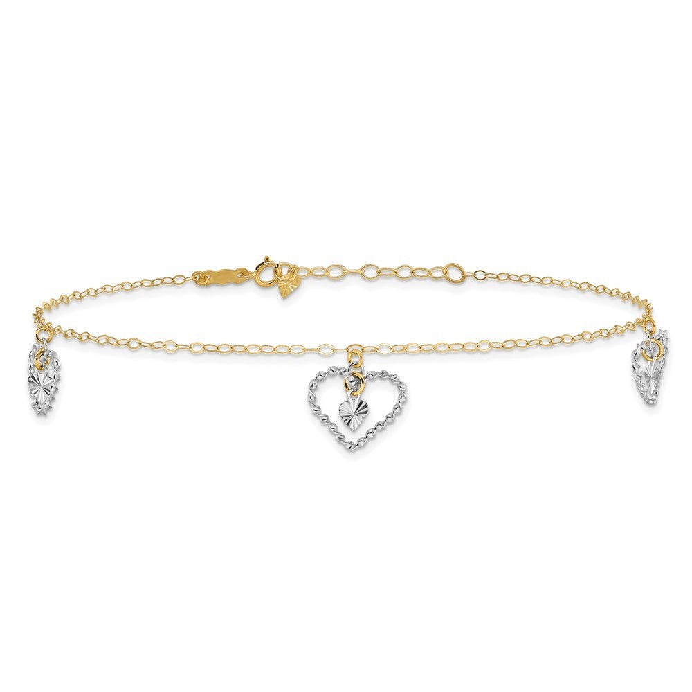 14K Two-tone Twisted Diamond-cut 3 Heart Dangles 10" Anklet