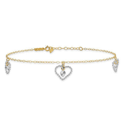 14K Two-tone Twisted Diamond-cut 3 Heart Dangles 10" Anklet