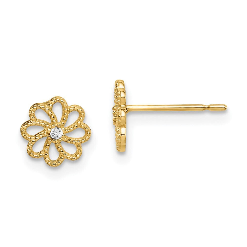 14k Yellow Gold Cubic Zirconia Flower Stud Earrings Gift for Women