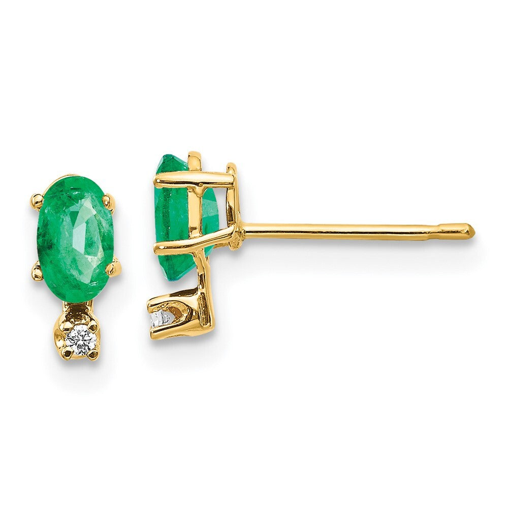 14k Yellow Gold Diamond & Emerald Birthstone Stud Earrings Gift for Women