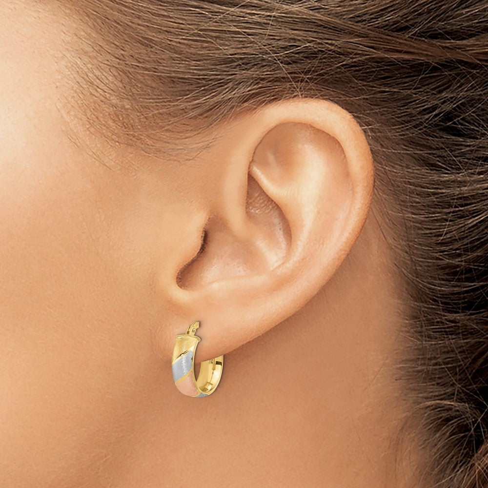 14k Yellow Gold w/White and Rose Rhodium Polished Satin Hoop Earrings