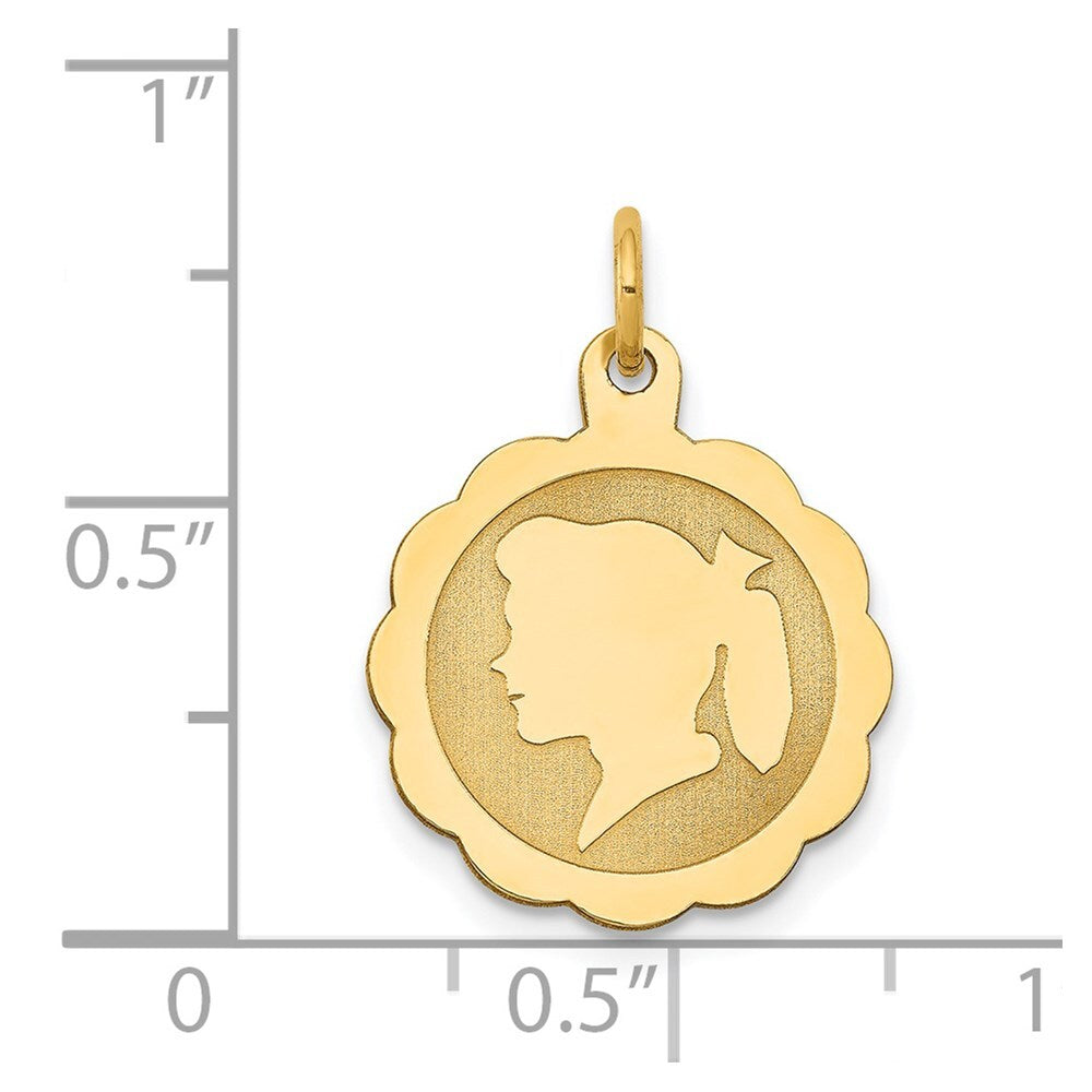 14k Yellow Gold Girl Head on .018 Gauge Engravable Scalloped Disc Charm Pendant