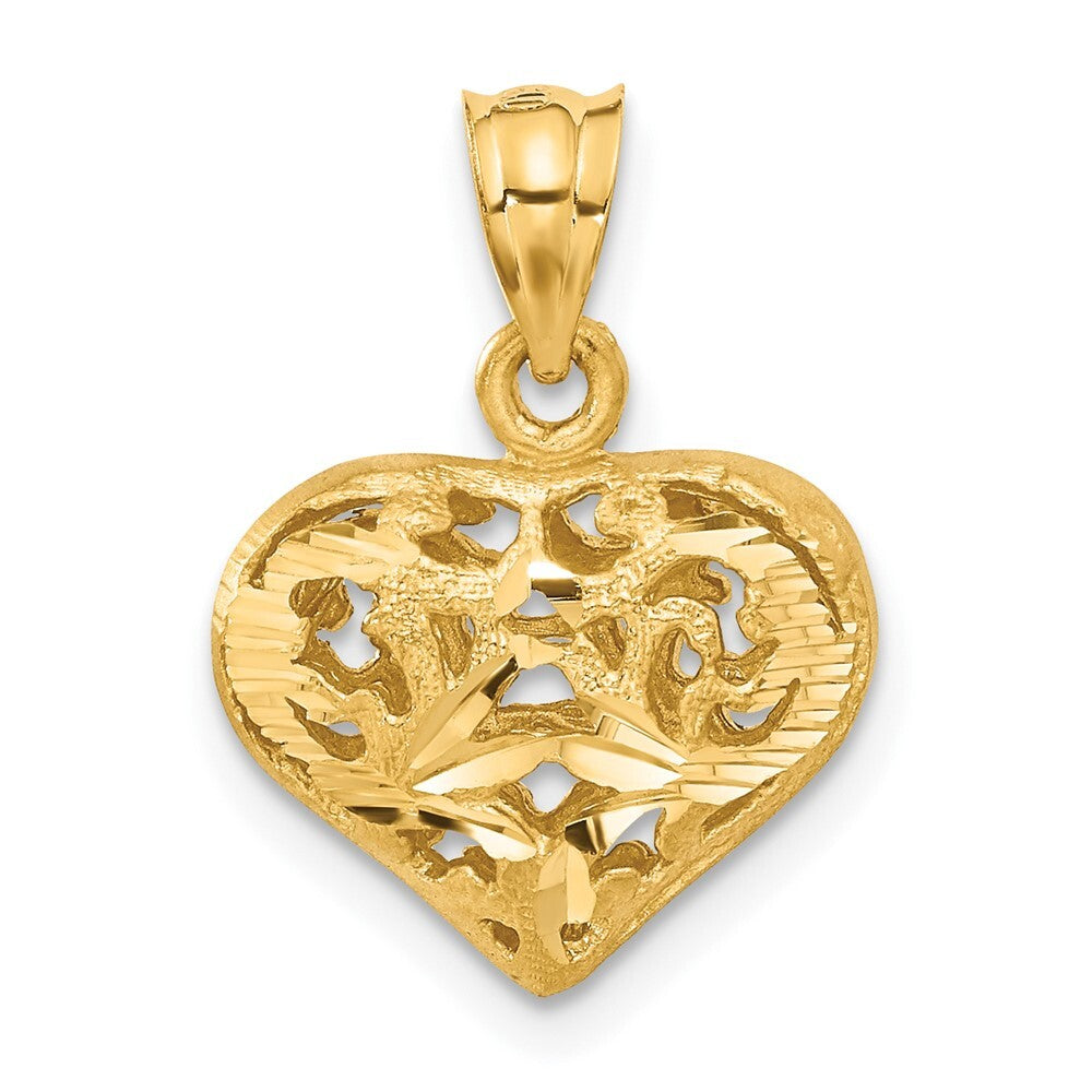 14k Yellow Gold Polished 3-D Filigree Puffed Heart Pendant for Women