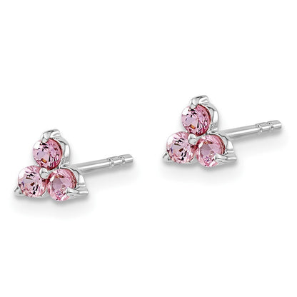 14k White Gold 3-stone Created Pink Sapphire Triangle Stud Earrings