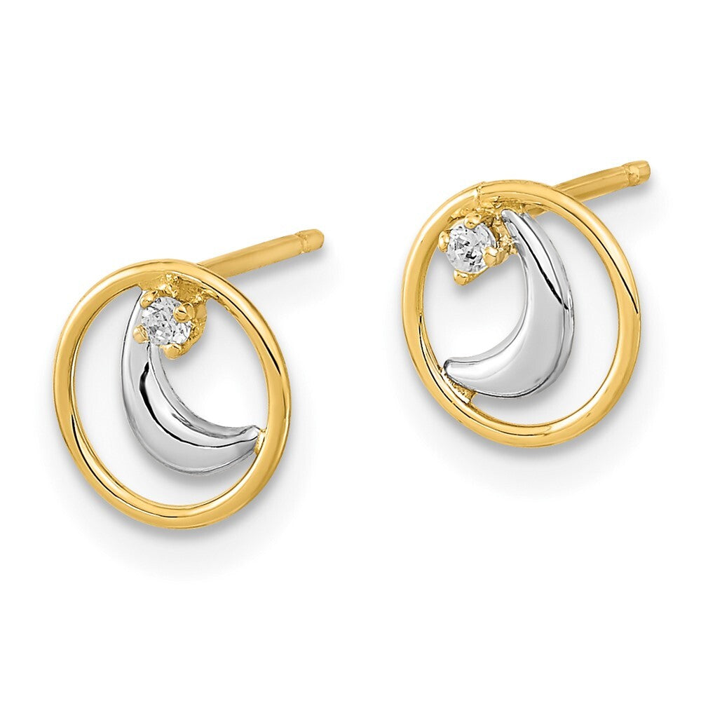 14k Yellow Gold Gold Rhodium Open Circle Cubic Zirconia Half Moon Stud Earrings