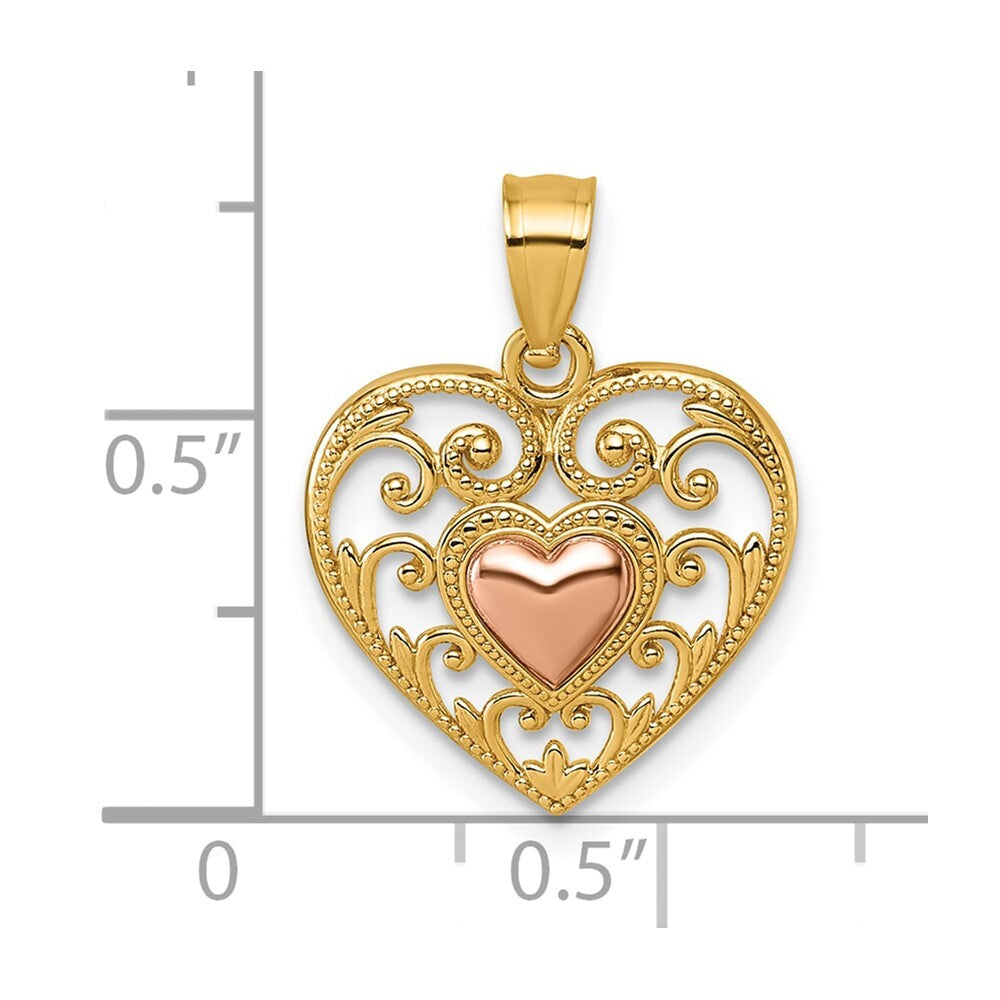 14k Two-tone Gold Polished And Textured Fancy Heart In Heart Pendant