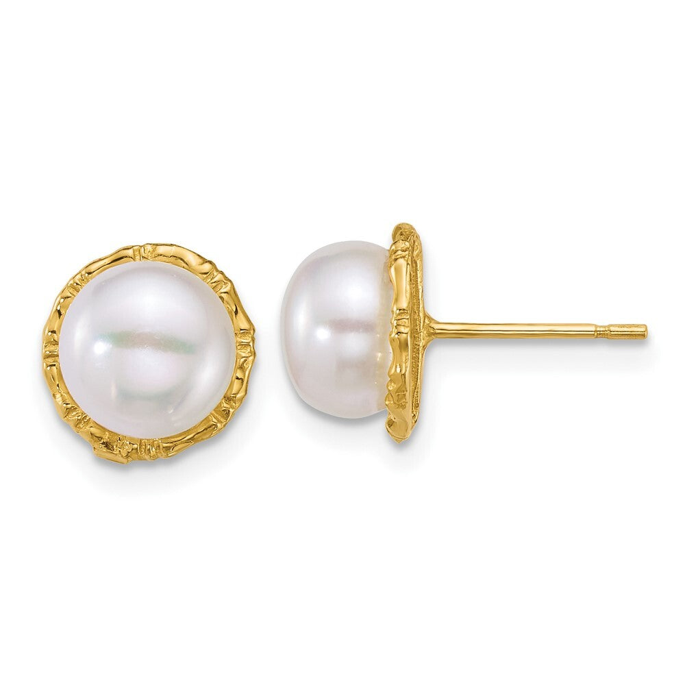 14k Yellow Gold Textured 8mm Button Freshwater Cultured Pearl Stud Earrings