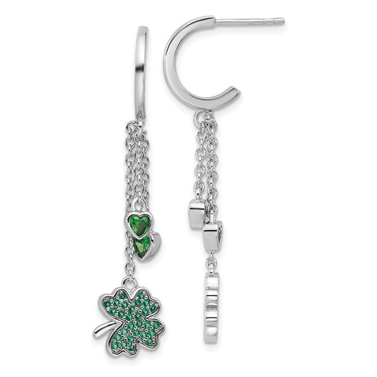 Sterling Silver Green Cubic Zirconia Clover Heart Post Hoop Earrings