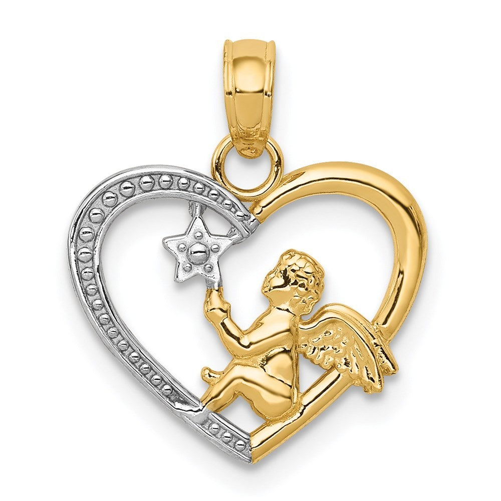 14k Yellow Gold Rhodium Angel in Heart Star Pendant