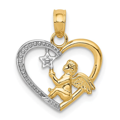 14k Yellow Gold Rhodium Angel in Heart Star Pendant