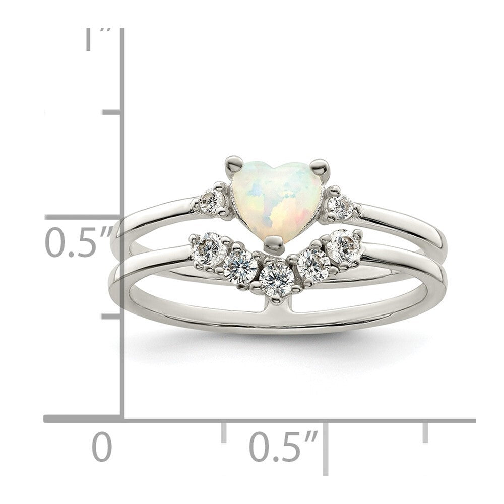 Sterling Silver CZ & Heart Created White Opal Double Band Ring Size 8