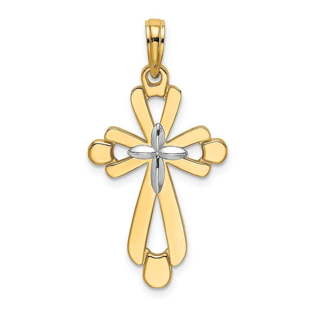 14k Yellow Gold W Rhodium Polished Fancy Cross Charm
