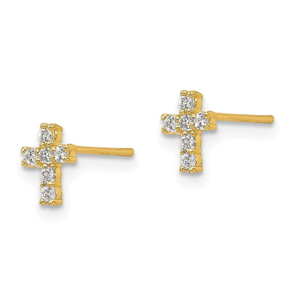 14k Yellow Gold Polished Cubic Zirconia Cross Stud Earrings Gift for Women