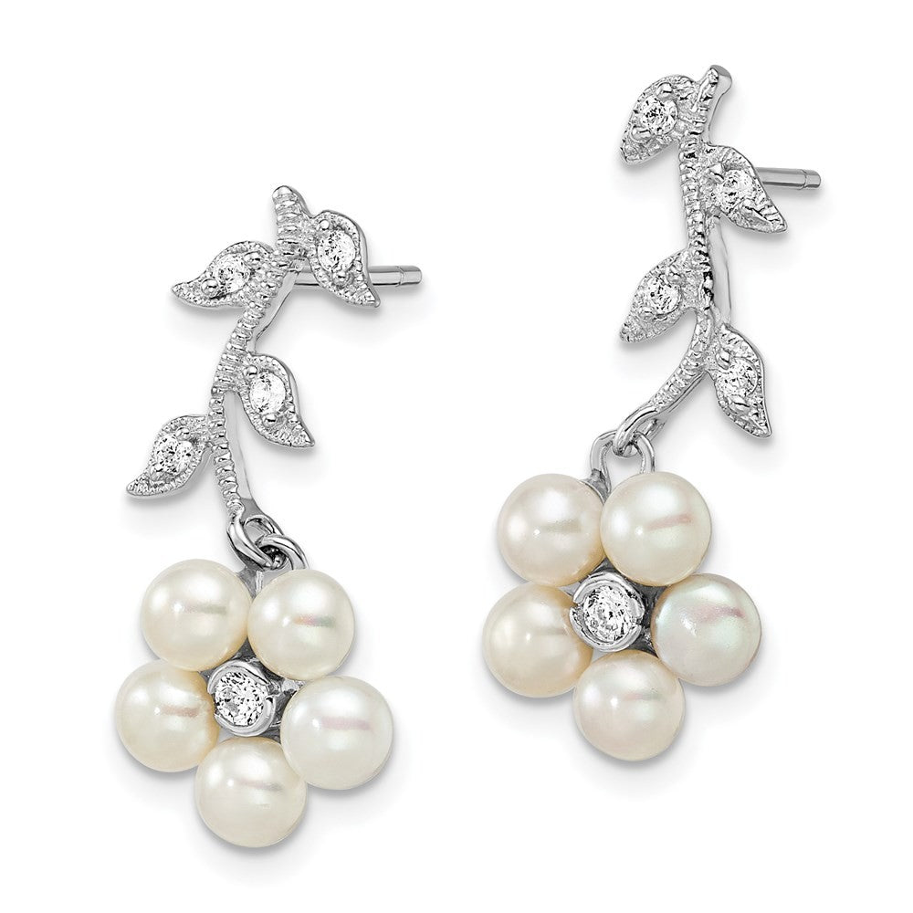 Sterling Silver Rhodium-plated White FWC Pearl CZ Flower Earrings