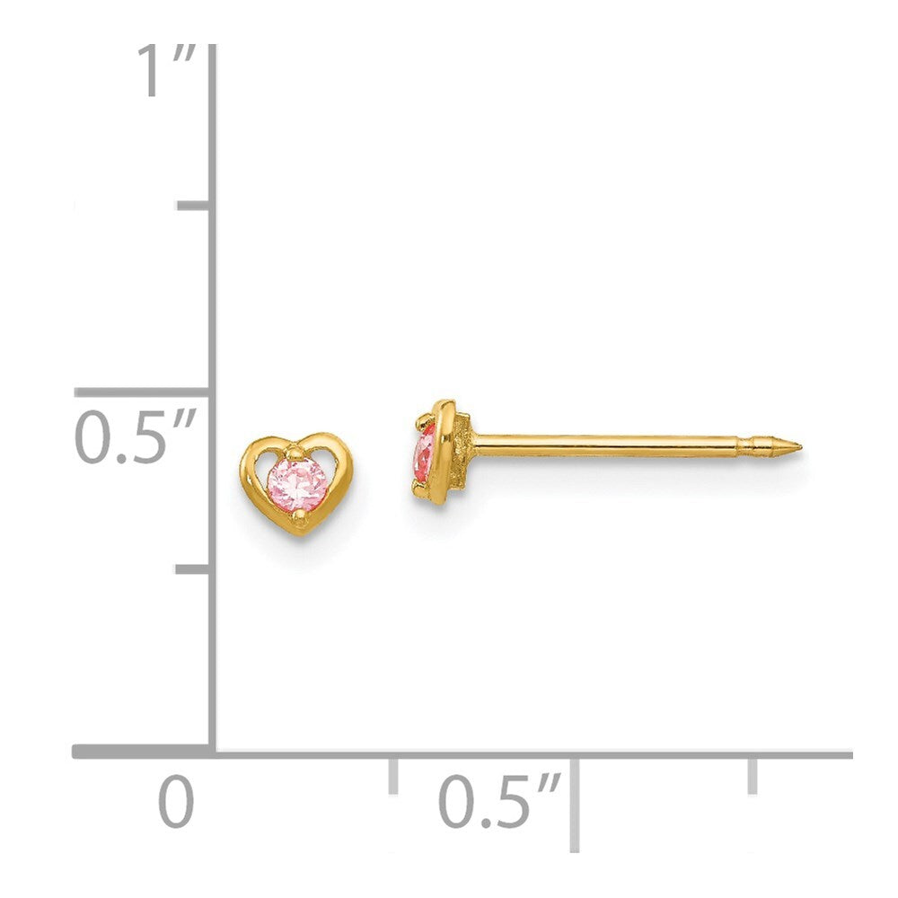 14k Yellow Gold Heart Pink Cubic Zirconia Stud Earrings Gift for Women