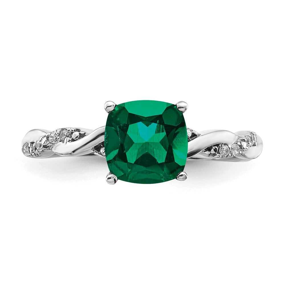 Sterling Silver Rhodium-plated Created Emerald and Diamond Ring Size 8