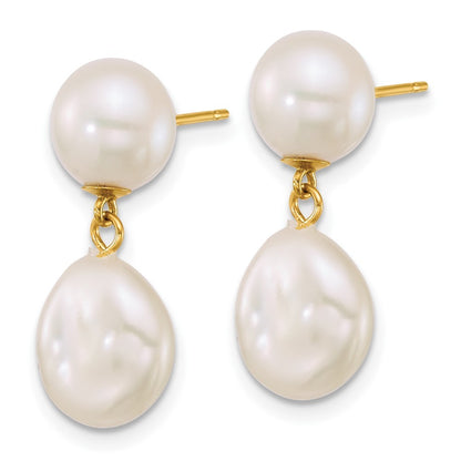14k Yellow Gold Polished 7-10mm Freshwater Cultured Pearl Dangle Earrings
