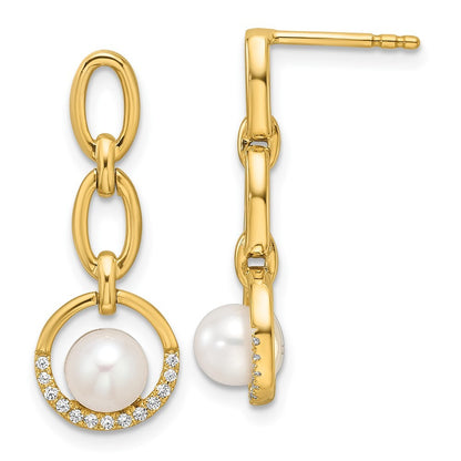 14k Yellow Gold Polished Diamond and Pearl Open Circle Dangle Earrings