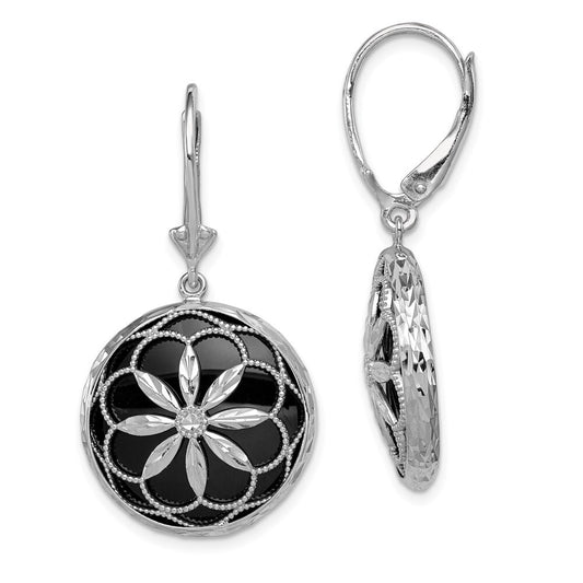 Sterling Silver Beaded Filigree Diamond Cut Starburst Onyx Dangle Earrings