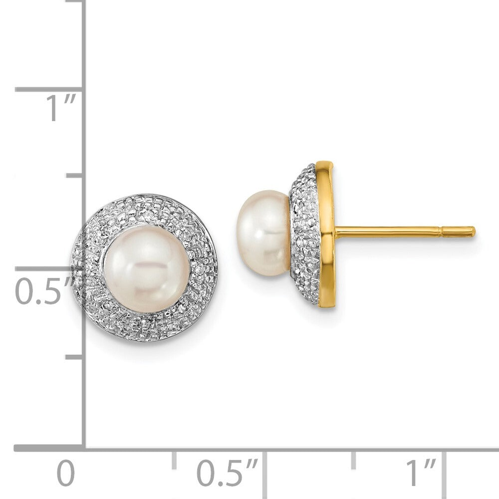 14k Yellow Gold and Rhodium 5-6mm Button FWC Pearl .05ct Diamond Stud Earrings