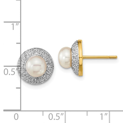 14k Yellow Gold and Rhodium 5-6mm Button FWC Pearl .05ct Diamond Stud Earrings