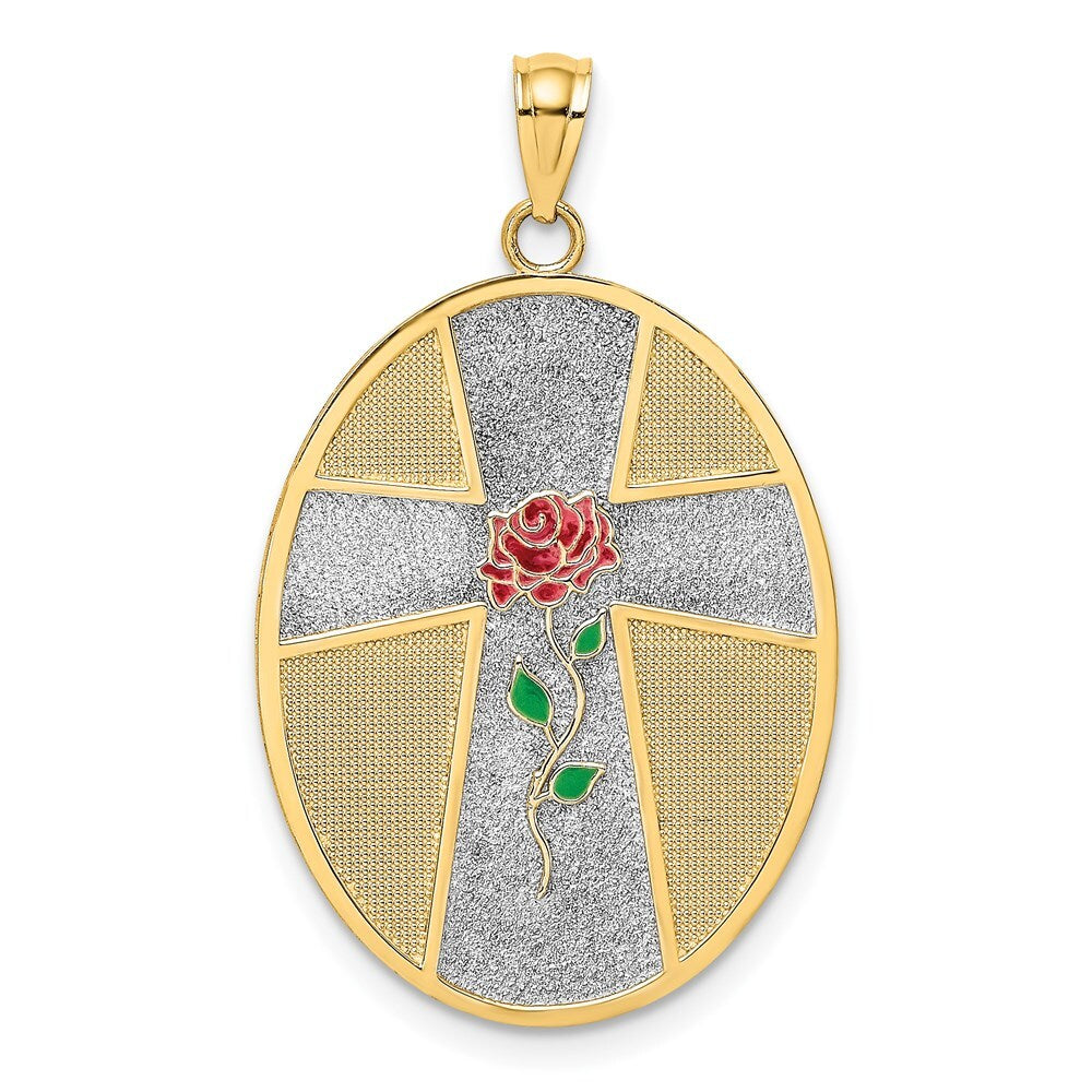 14k Yellow Gold Rhodium Enamel Rose Serenity Prayer Oval Disc Charm