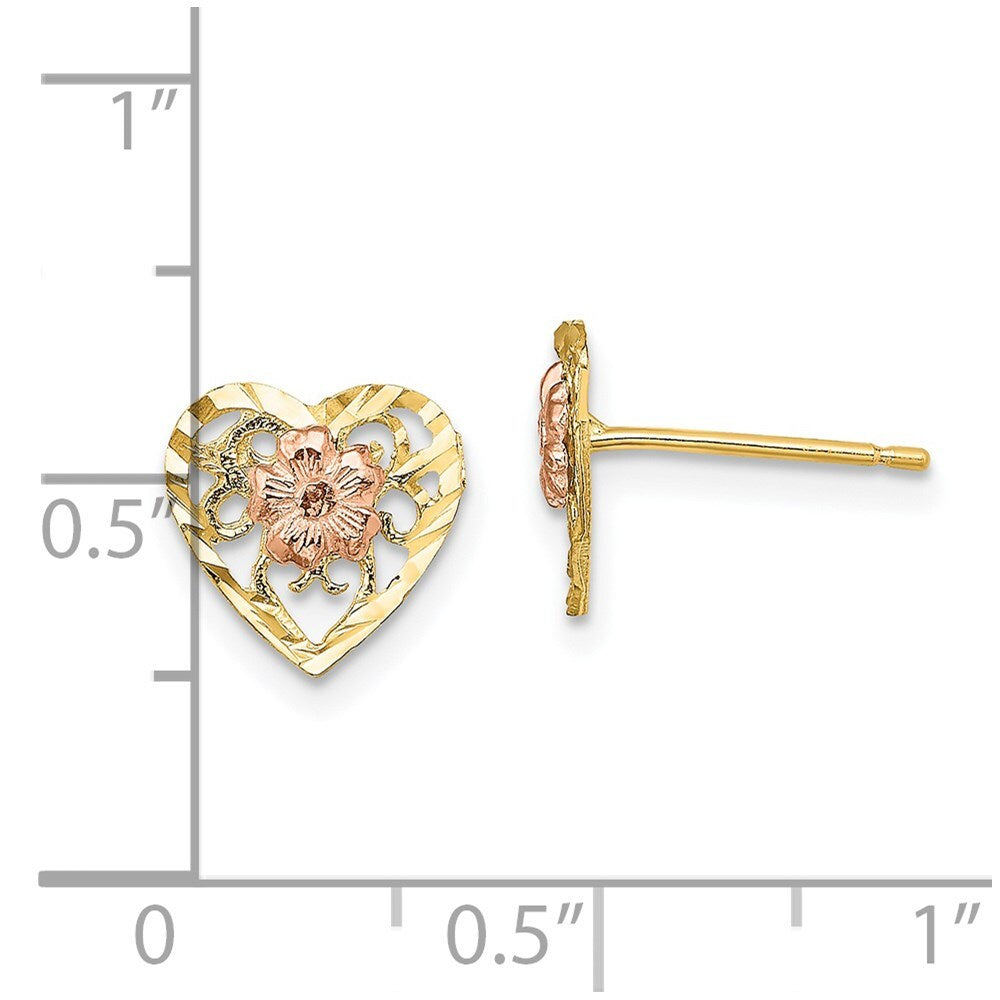 14k Two-tone Gold Diamond-Cut Heart and Flower Stud Earrings