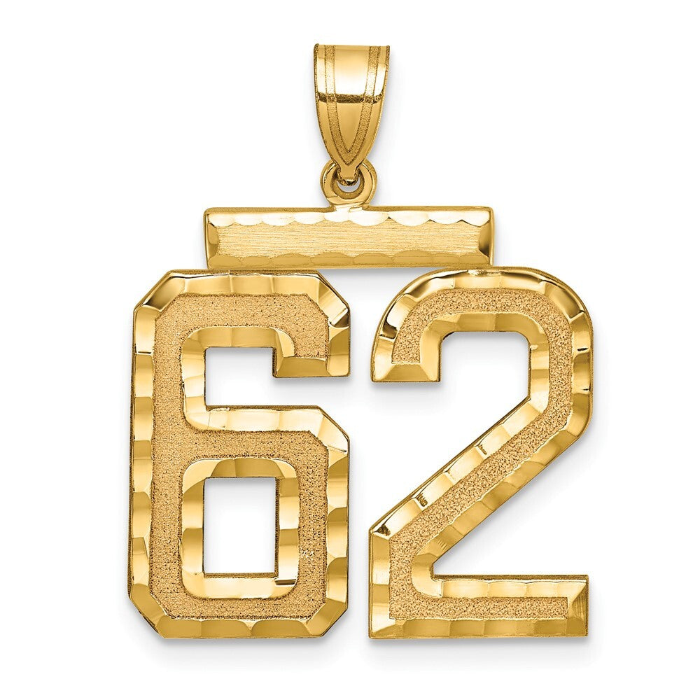 14k Yellow Gold Large Brushed Diamond-cut Number 62 Charm Pendant for Women