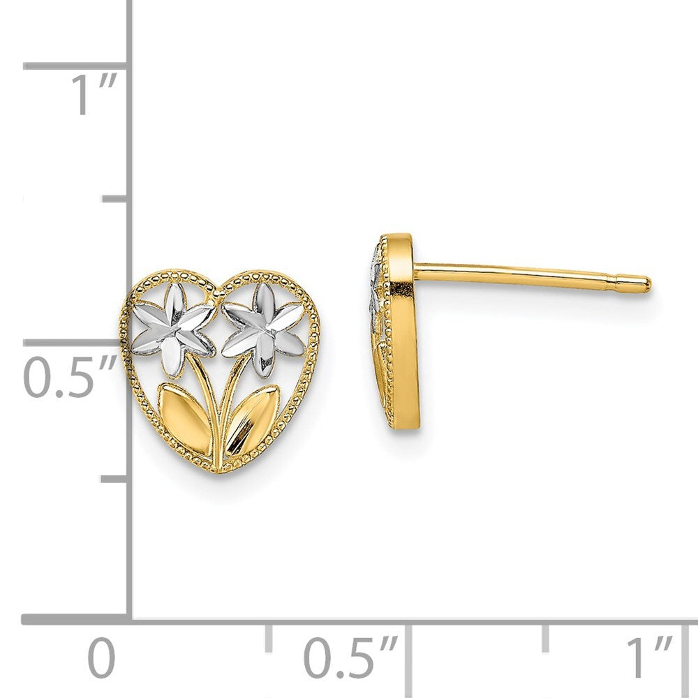14k Yellow Gold Rhodium Diamond-Cut Flower and Heart Stud Earrings