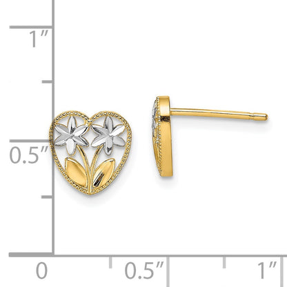 14k Yellow Gold Rhodium Diamond-Cut Flower and Heart Stud Earrings