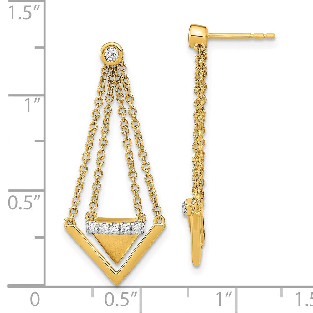 14k Yellow Gold Satin/Polished Diamond Triangle Chain Dangle Earrings