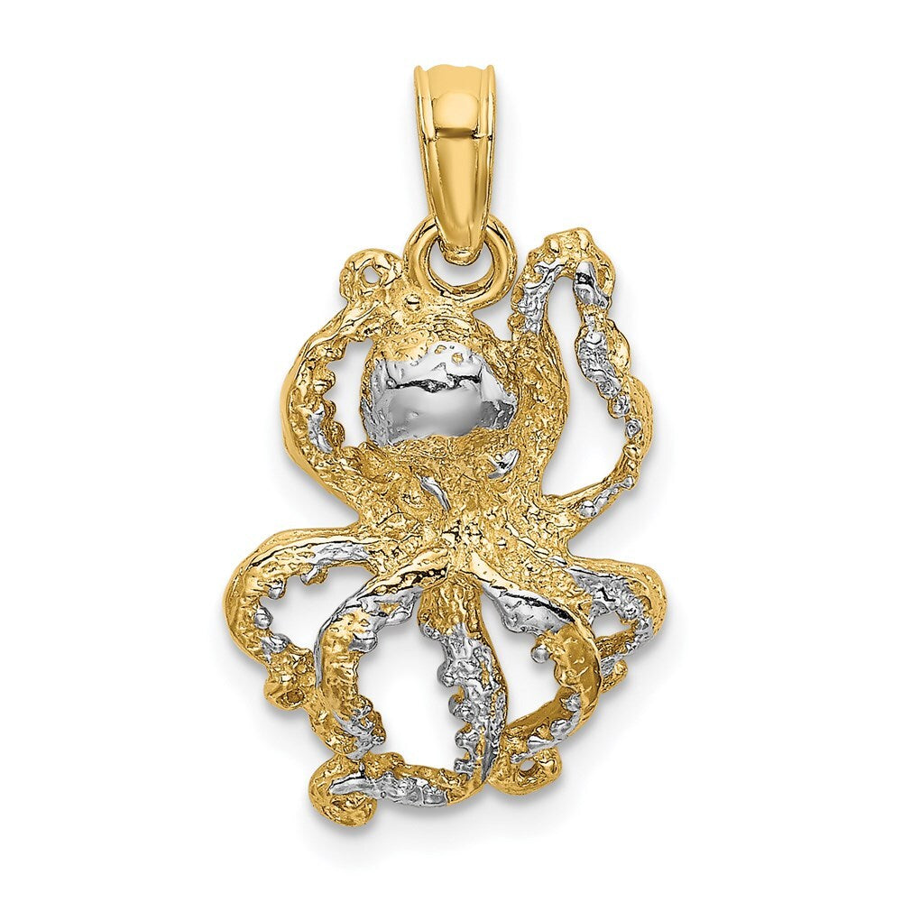 14k Yellow Gold with White Rhodium Textured Octopus Charm Pendant for Women
