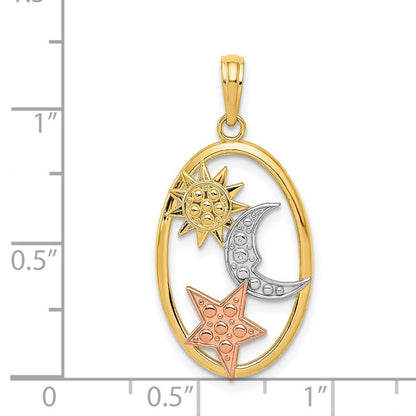 14k Two-tone Gold White Rhodium Sun, Moon and Star Oval Pendant
