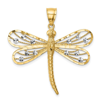 14k Yellow Gold Diamond-cut White Rhodium Dragonfly Pendant for Women