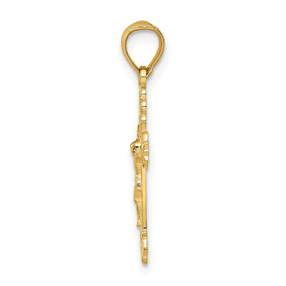 14k Yellow Gold  Textured Scalloped Edge Crucifix Charm Pendant for Women