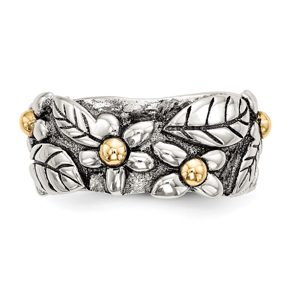 Sterling Silver 14k Antiqued Leaves & Flowers Band Ring Sz 8