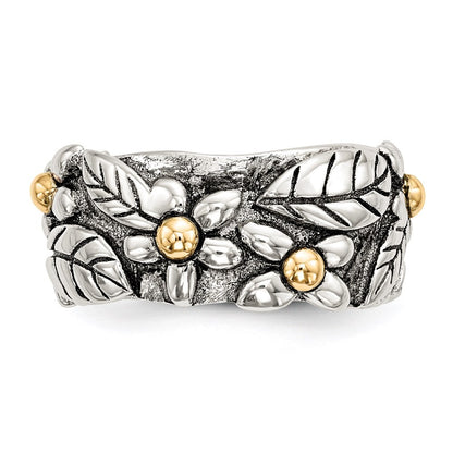 Sterling Silver 14k Antiqued Leaves & Flowers Band Ring Sz 8