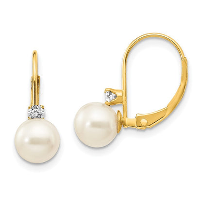 14k Yellow Gold 6-7mm FW Cultured Pearl AA Diamond Leverback Earrings