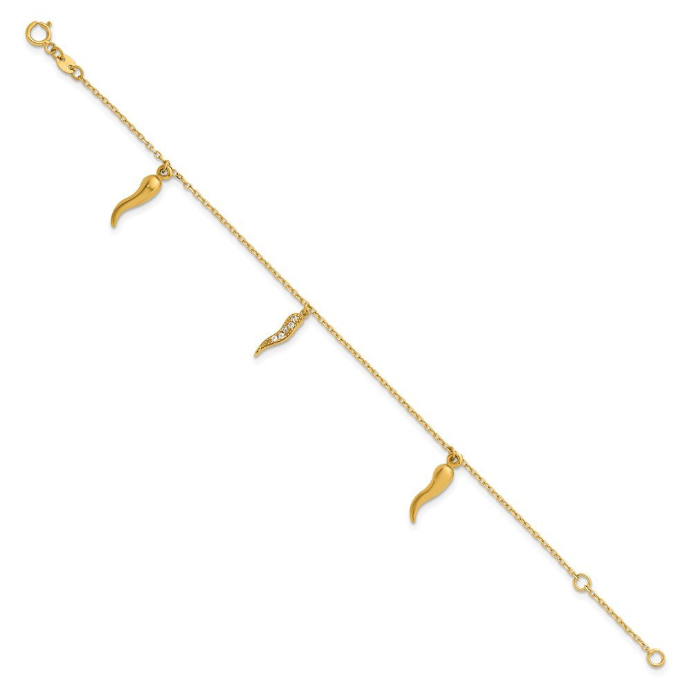 14k Yellow Gold CZ Three Italian Horn Dangles 5.75" Bracelet Plus 0.75" Extender